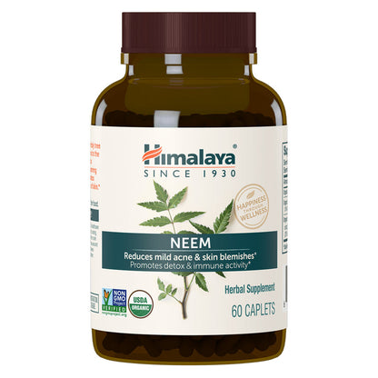Front view of Himalaya Organic Neem bottle showcasing 60 caplets with a white label on a white background