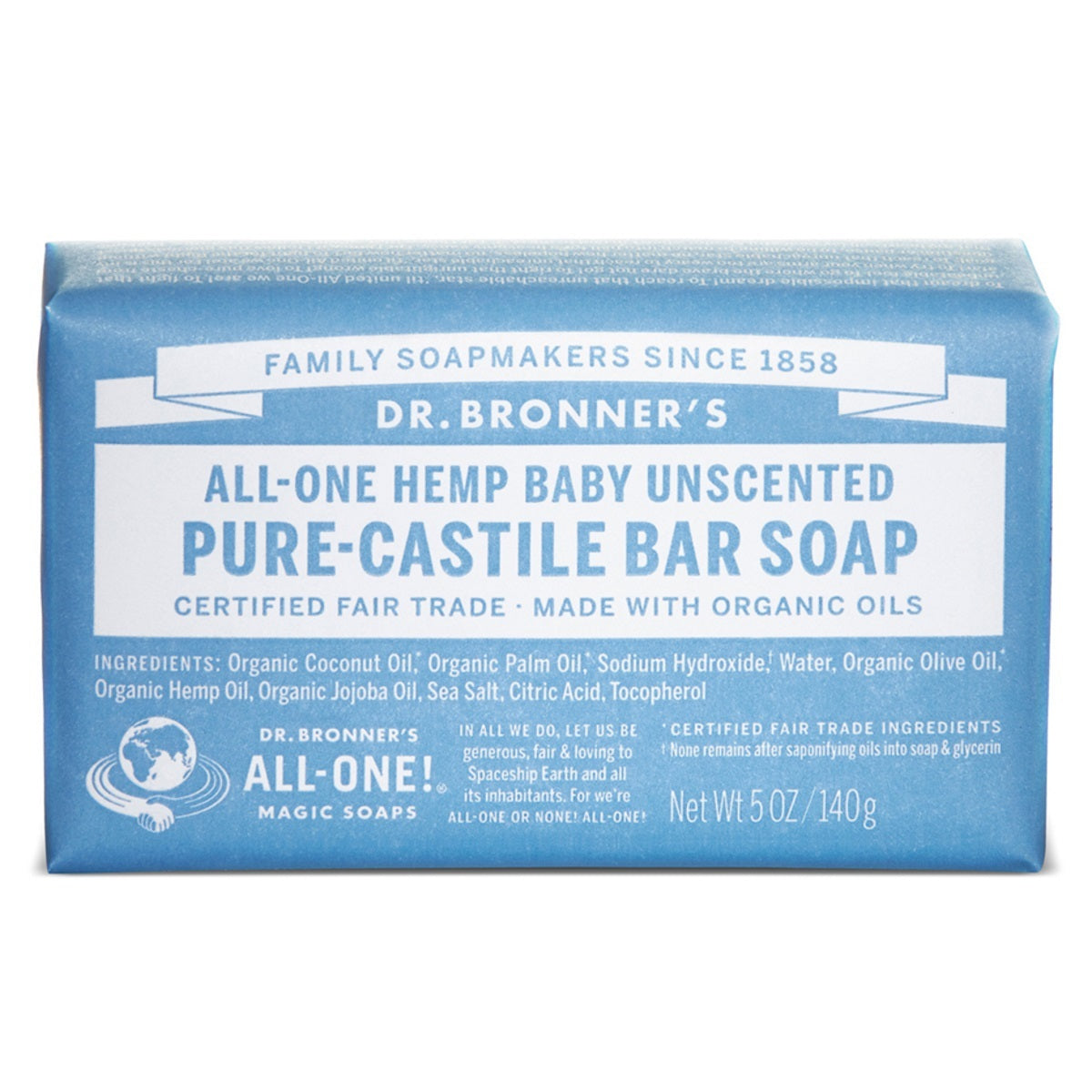 Dr. Bronner's All-One Hemp Baby Unscented Pure-Castile Bar Soap, 5