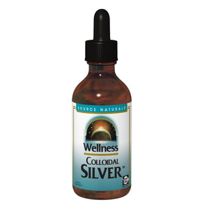 Front view of Source Naturals Wellness Colloidal Silver nasal spray bottle with black cap against a white background