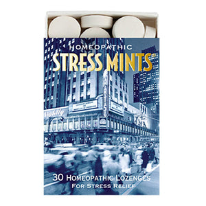 Front view of Historical Remedies Stress Mints package showcasing 30 homeopathic lozenges for stress relief with a city street background