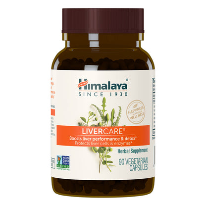 Front view of Himalaya LiverCare bottle showcasing 90 vegetarian capsules against a white background