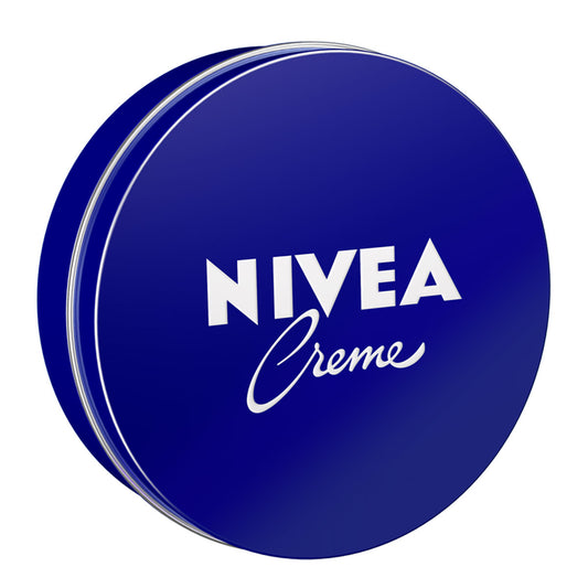 Front view of Nivea Creme in a round blue tin with white NIVEA Creme lettering