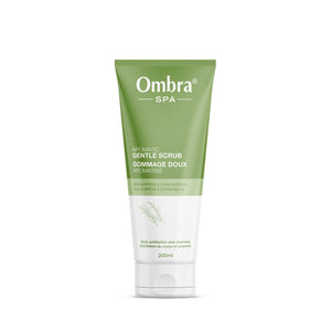 Front view of Ombra Eucalyptus & Lemongrass Aromatic Gentle Scrub showcasing green and white tube on a white background