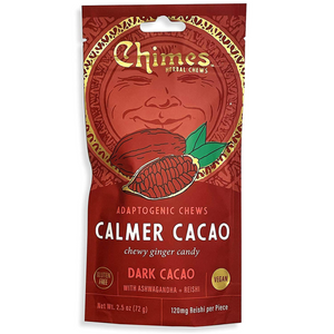 Front view of Chimes Calmer Cacao Adaptogenic Ginger Chews showcasing dark cacao flavor with a white background