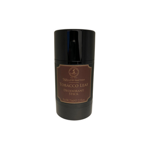 Front view of Taylor of Old Bond Street Tobacco Leaf Deodorant Stick showcasing its dark container, brown label, and 75 ml size