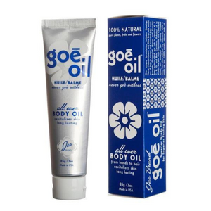 Front view of Goe Oil showcasing the tube and matching blue box packaging on a white background