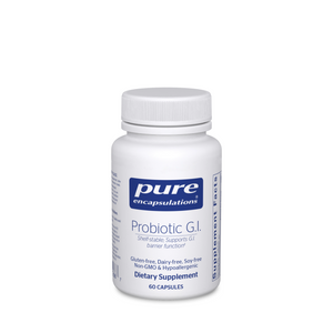 Front view of Pure Encapsulations Probiotic G.I. Capsules bottle showcasing a blue label with a white background