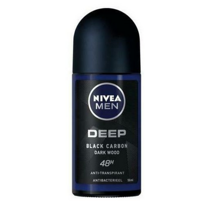 Front view of Nivea Men’s Roll-On Deep Darkwood Antiperspirant Deodorant with blue accents