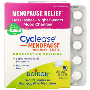 Front view of Boiron Cyclease Menopause 60 meltaway tablets showcasing menopause relief packaging with blister pack