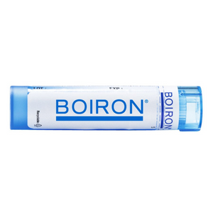 Side view of Boiron Ranunculus Bulbosus 30C 75 count tube showcasing blue and white packaging on a white background