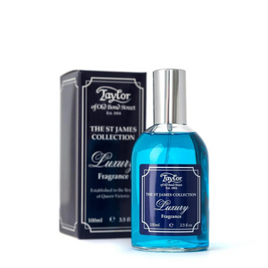 Front view of Taylor of Old Bond Street St. James Collection Fragrance showcasing a blue bottle and matching box on white