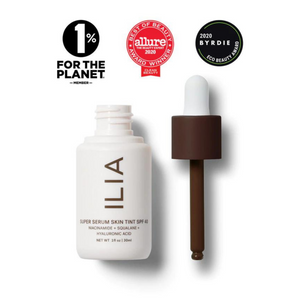 Front view of ILIA Super Serum Skin Tint SPF 40 in Lovina ST19 showing its white bottle and dropper on a white background