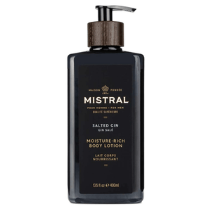 Front view of Mistral Salted Gin Body Lotion showcasing its dark pump bottle on a white background