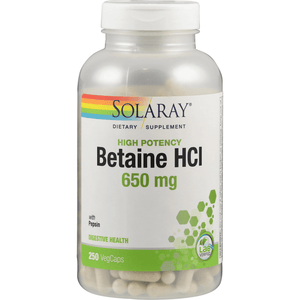 Front view of Solaray Betaine HCL with Pepsin 650 mg bottle showcasing its green and white label on a white background